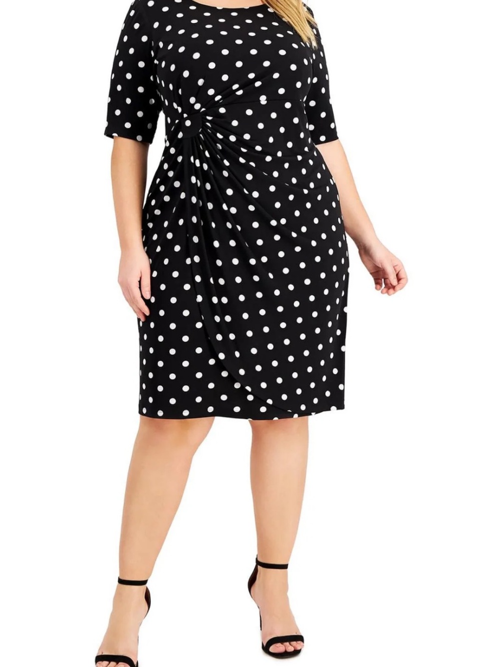 Connected Apparel ruched sheath dress in black with a turquoise polka dot